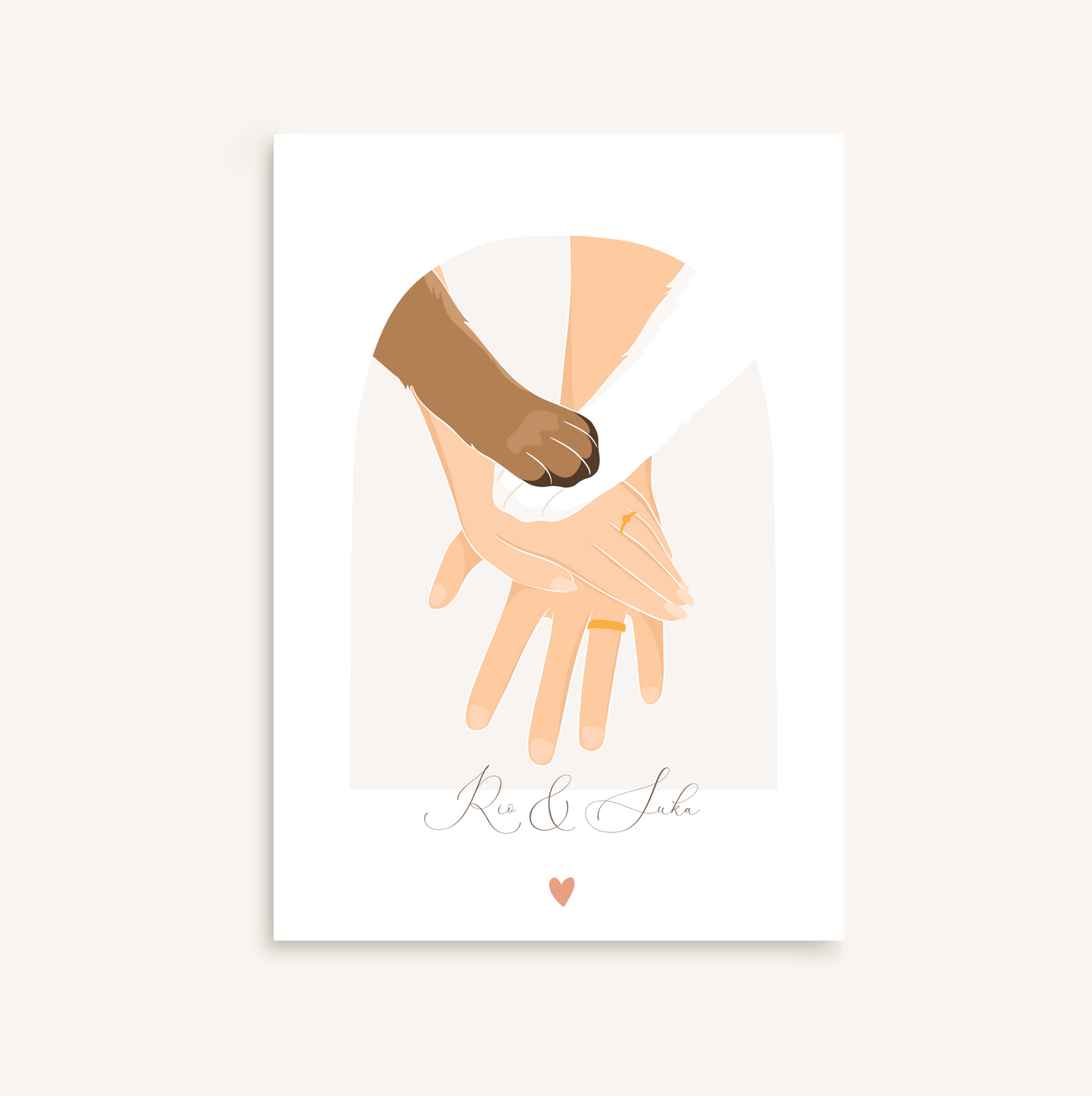 Affiche couple et animal, mains contre patte personnalisée