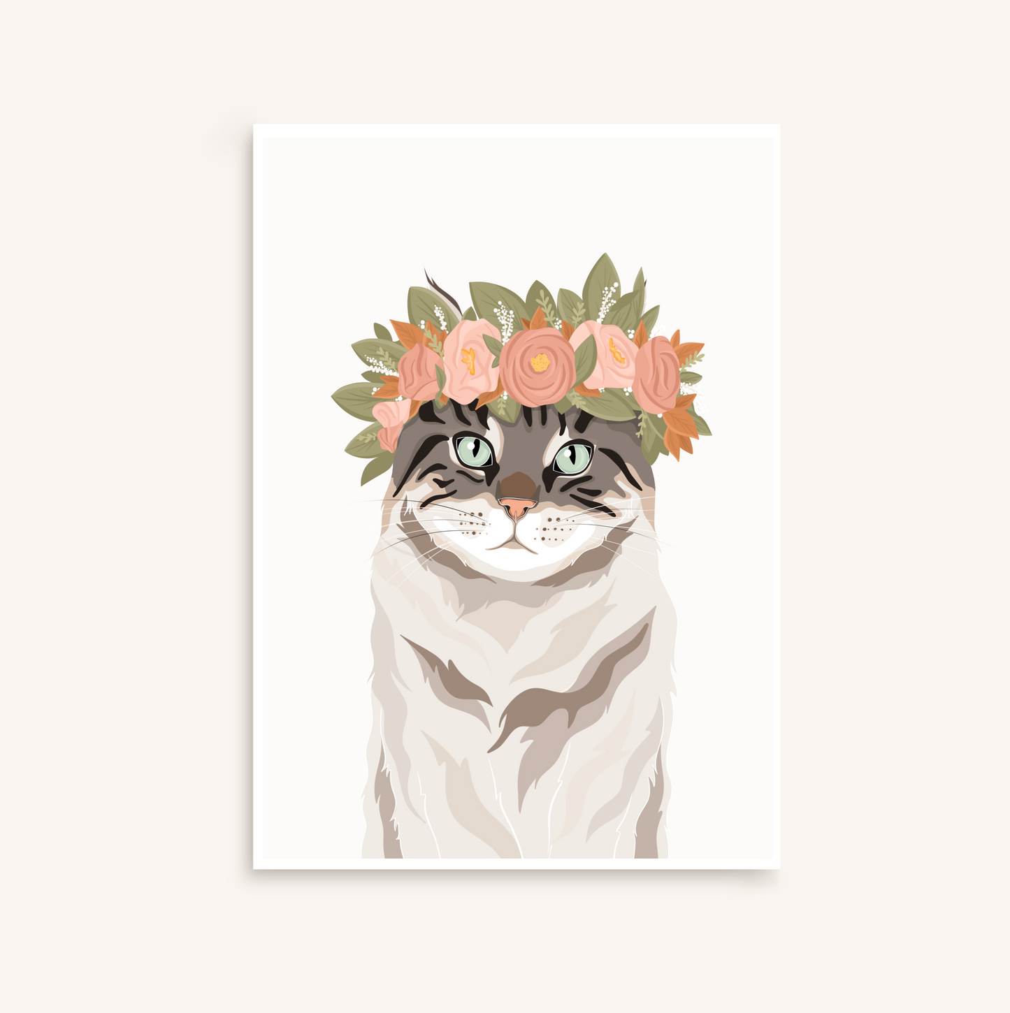 Animaux illustration/portrait personnalisé(e) minimaliste, chats chiens avec couronne de fleurs