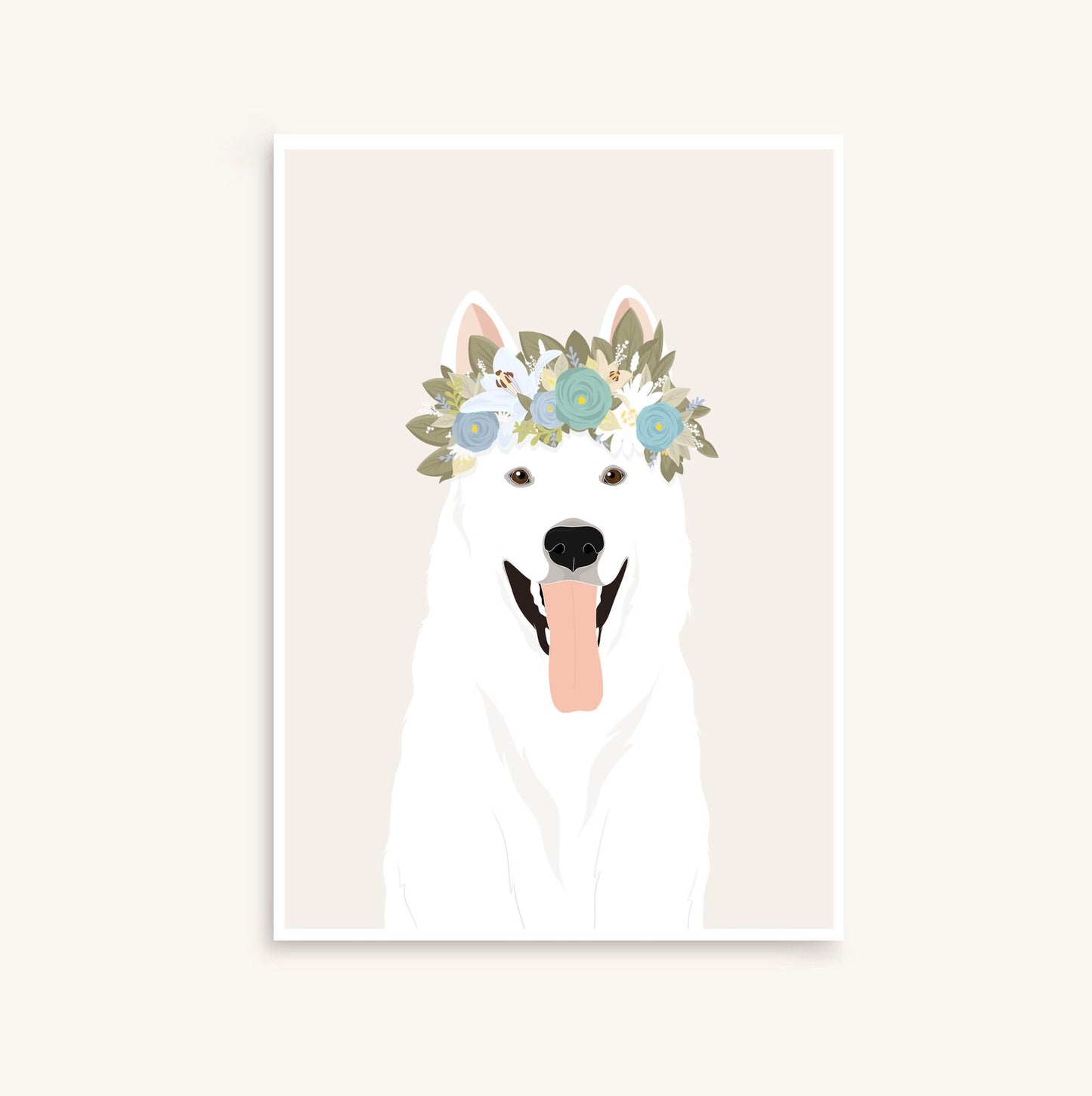 Animaux illustration/portrait personnalisé(e) minimaliste, chats chiens avec couronne de fleurs