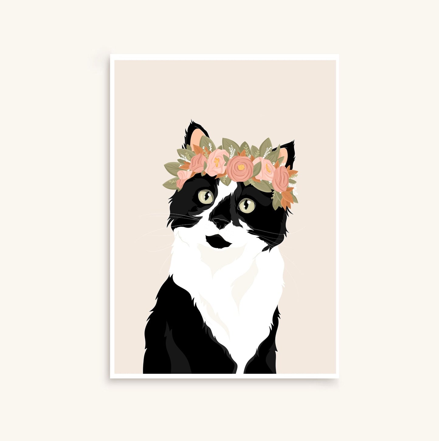 Animaux illustration/portrait personnalisé(e) minimaliste, chats chiens avec couronne de fleurs