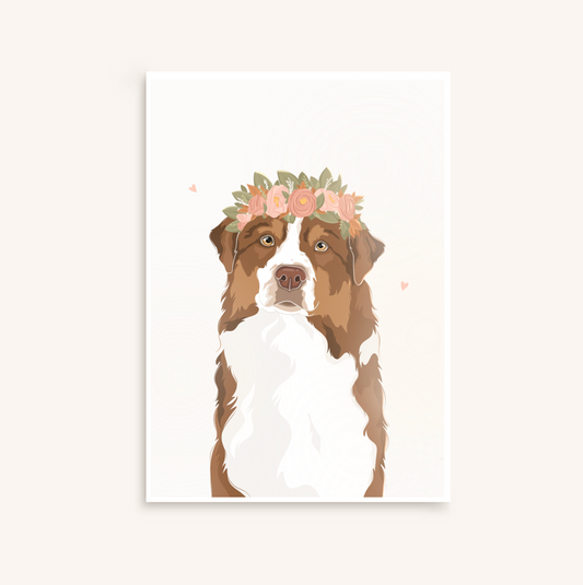 Animaux illustration/portrait personnalisé(e) minimaliste, chats chiens avec couronne de fleurs